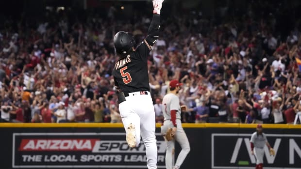 Alek Thomas points to sky after game tying homer in 8th inning against Phillies October 20, 2023